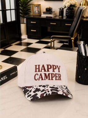 Zenana Happy Camper White Cap with Brown Embroidery Cow Print